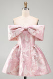Jacquard A-Line Pink Off the Shoulder Mini Homecoming Dress With Bow