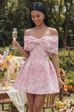 Jacquard A-Line Pink Off the Shoulder Mini Homecoming Dress With Bow