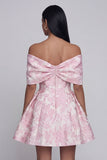 Jacquard A-Line Pink Off the Shoulder Mini Homecoming Dress With Bow