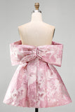 Jacquard A-Line Pink Off the Shoulder Mini Homecoming Dress With Bow
