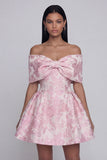 Jacquard A-Line Pink Off the Shoulder Mini Homecoming Dress With Bow