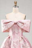 Jacquard A-Line Pink Off the Shoulder Mini Homecoming Dress With Bow