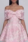 Jacquard A-Line Pink Off the Shoulder Mini Homecoming Dress With Bow