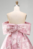 Jacquard A-Line Pink Off the Shoulder Mini Homecoming Dress With Bow