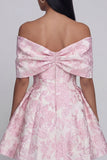 Jacquard A-Line Pink Off the Shoulder Mini Homecoming Dress With Bow