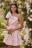 One Shoulder Jacquard A-Line Pink Mini Homecoming Dress With Bow