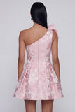 One Shoulder Jacquard A-Line Pink Mini Homecoming Dress With Bow