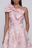 One Shoulder Jacquard A-Line Pink Mini Homecoming Dress With Bow