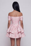 Pink Jacquard A-Line Off the Shoulder Ruffled Mini Homecoming Dress With Bow