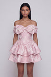 Pink Jacquard A-Line Off the Shoulder Ruffled Mini Homecoming Dress With Bow