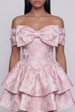 Pink Jacquard A-Line Off the Shoulder Ruffled Mini Homecoming Dress With Bow