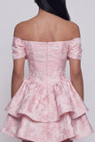 Pink Jacquard A-Line Off the Shoulder Ruffled Mini Homecoming Dress With Bow