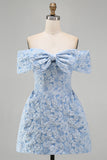 Off the Shoulder Blue Jacquard A-Line Mini Cocktail Dress With Bow