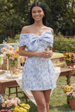 Off the Shoulder Blue Jacquard A-Line Mini Cocktail Dress With Bow