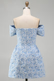 Off the Shoulder Blue Jacquard A-Line Mini Cocktail Dress With Bow