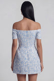 Off the Shoulder Blue Jacquard A-Line Mini Cocktail Dress With Bow
