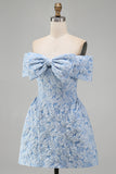 Off the Shoulder Blue Jacquard A-Line Mini Cocktail Dress With Bow