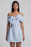 Off the Shoulder Blue Jacquard A-Line Mini Cocktail Dress With Bow