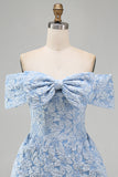 Off the Shoulder Blue Jacquard A-Line Mini Cocktail Dress With Bow