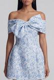 Off the Shoulder Blue Jacquard A-Line Mini Cocktail Dress With Bow