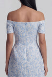 Off the Shoulder Blue Jacquard A-Line Mini Cocktail Dress With Bow
