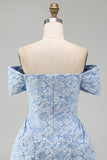 Off the Shoulder Blue Jacquard A-Line Mini Cocktail Dress With Bow