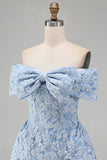 Off the Shoulder Blue Jacquard A-Line Mini Cocktail Dress With Bow