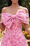Off the Shoulder Blue Jacquard A-Line Mini Cocktail Dress With Bow
