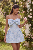 A-Line Blue Off the Shoulder Jacquard Mini Cocktail Dress With Bow
