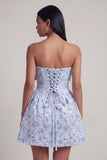 A-Line Blue Off the Shoulder Jacquard Mini Cocktail Dress With Bow