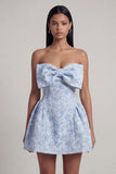 A-Line Blue Off the Shoulder Jacquard Mini Cocktail Dress With Bow