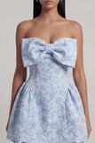 A-Line Blue Off the Shoulder Jacquard Mini Cocktail Dress With Bow