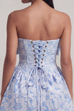 A-Line Blue Off the Shoulder Jacquard Mini Cocktail Dress With Bow