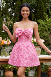 A-Line Blue Off the Shoulder Jacquard Mini Cocktail Dress With Bow