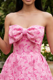 A-Line Blue Off the Shoulder Jacquard Mini Cocktail Dress With Bow