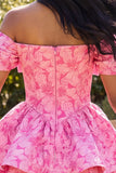 A-Line Fuchsia Off the Shoulder Jacquard Mini Homecoming Dress With Bow