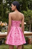 A-Line Fuchsia Sweetheart Jacquard Ruffled Mini Homecoming Dress With Bow