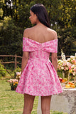 Off the Shoulder A-Line Fuchsia Jacquard Mini Homecoming Dress With Bow