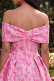 Off the Shoulder A-Line Fuchsia Jacquard Mini Homecoming Dress With Bow