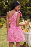 One Shoulder A-Line Fuchsia Jacquard Mini Homecoming Dress With Bow
