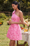 One Shoulder A-Line Fuchsia Jacquard Mini Homecoming Dress With Bow