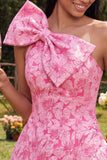 One Shoulder A-Line Fuchsia Jacquard Mini Homecoming Dress With Bow