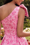 One Shoulder A-Line Fuchsia Jacquard Mini Homecoming Dress With Bow