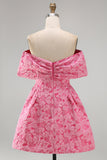 A-Line Fuchsia Jacquard Off the Shoulder Mini Homecoming Dress With Bow