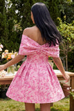 A-Line Fuchsia Jacquard Off the Shoulder Mini Homecoming Dress With Bow