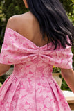 A-Line Fuchsia Jacquard Off the Shoulder Mini Homecoming Dress With Bow