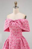 A-Line Fuchsia Jacquard Off the Shoulder Mini Homecoming Dress With Bow