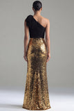 Sparkly Black and Gold One Shoulder Sheath Sequins Bow Long Formal Dress with Slit