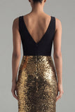 Sparkly Black and Gold Sequins V-Neck Mermaid Long Formal Dress with Slit