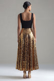 Sparkly A-Line Black and Gold Sequins Square Neck Long Formal Dress